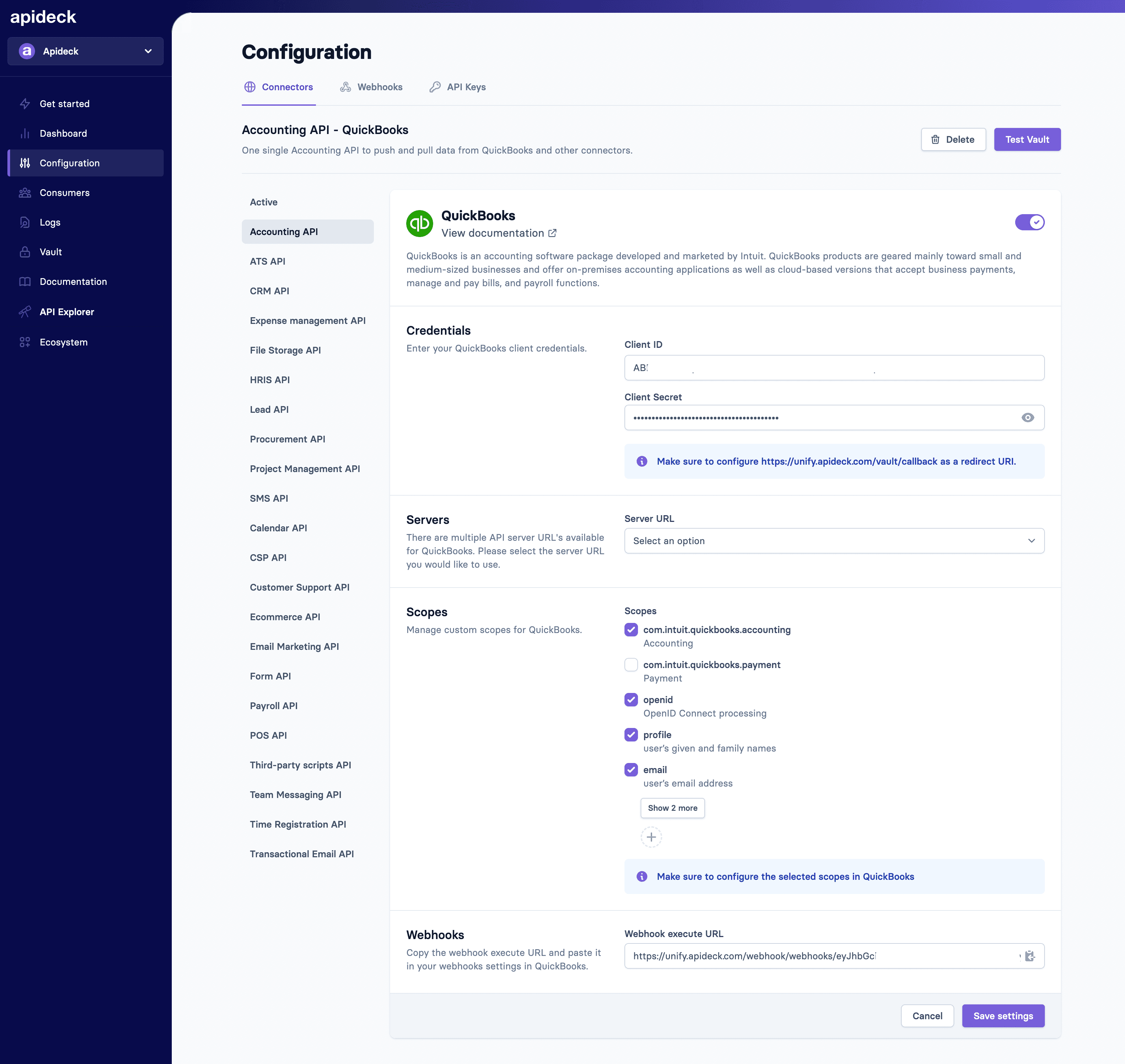 Example - Quickboos webhooks activation