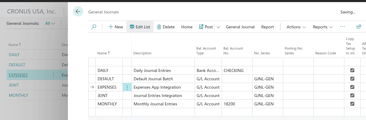 General Journals in Business Central for Expenses