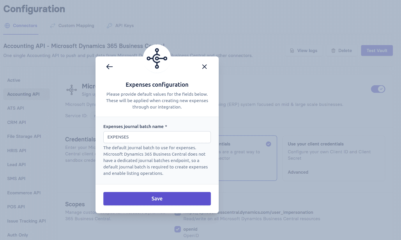 Configuring Expenses Journal Batch in Apideck