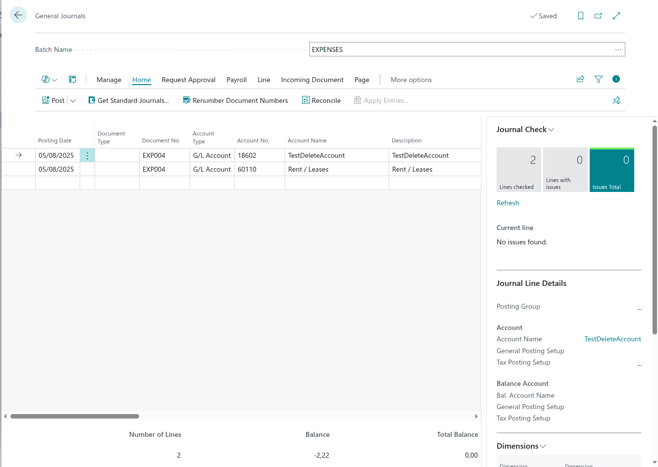 Journal lines in Business Central showing Document No. EXP004